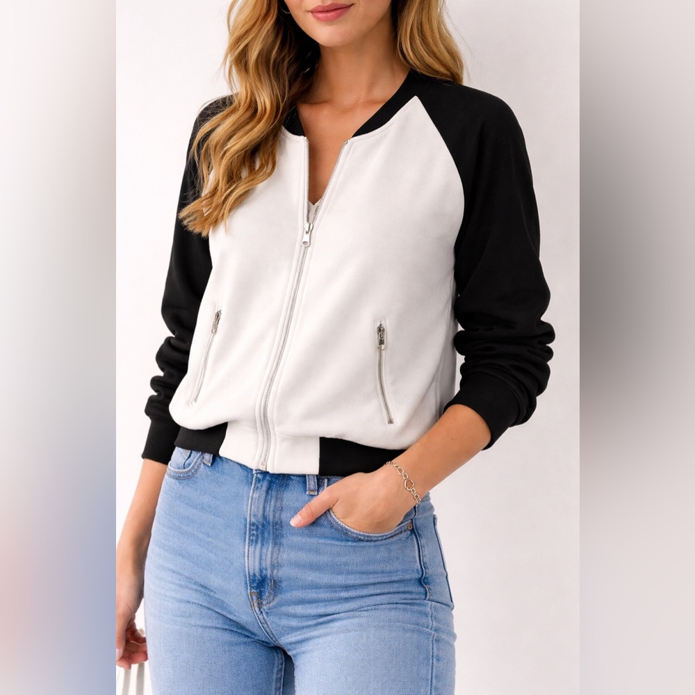 Black & White Zip-Front Bomber Jacket